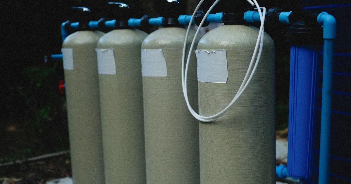 Water filtration tanks with blue cartridge housing