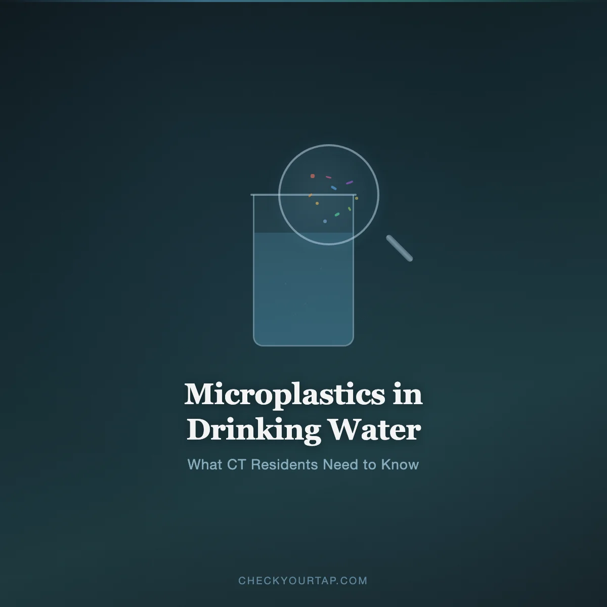 A clear glass of drinking water viewed at magnification revealing tiny plastic particles