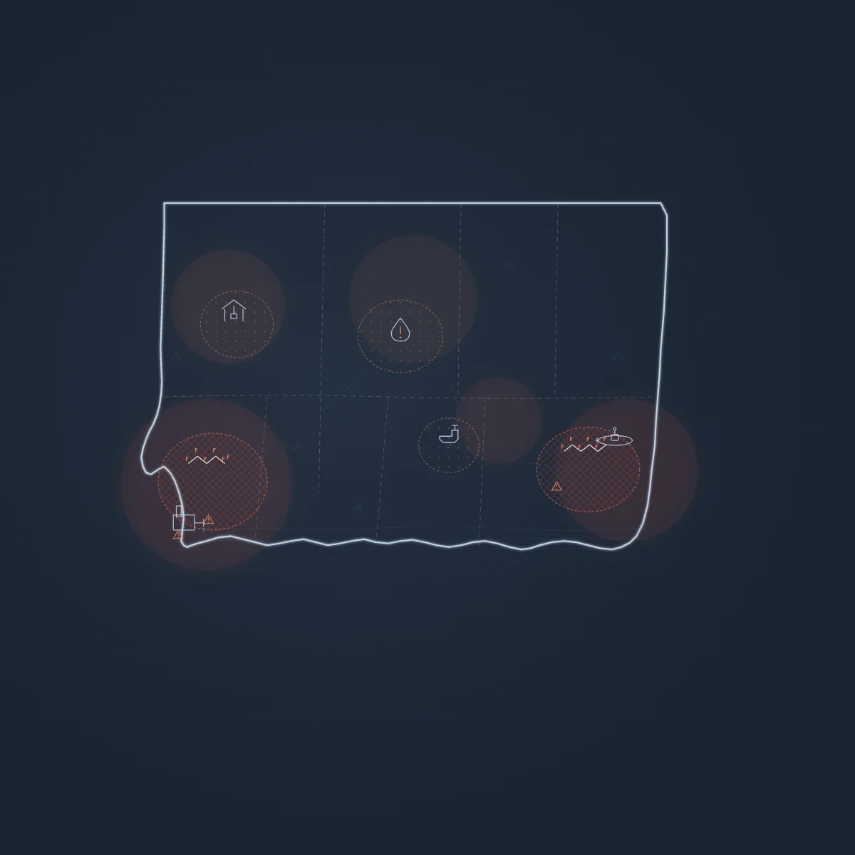 Map of Connecticut highlighting PFAS contamination zones in public water systems and private wells