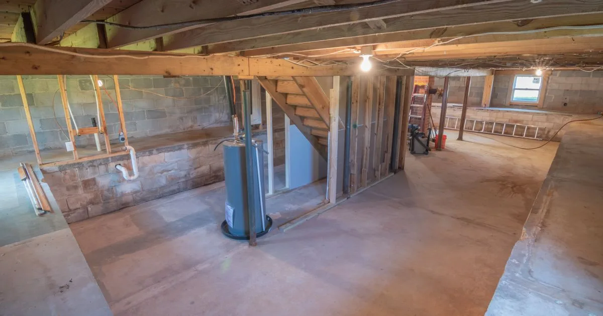 Unfinished home basement with water heater and pipes